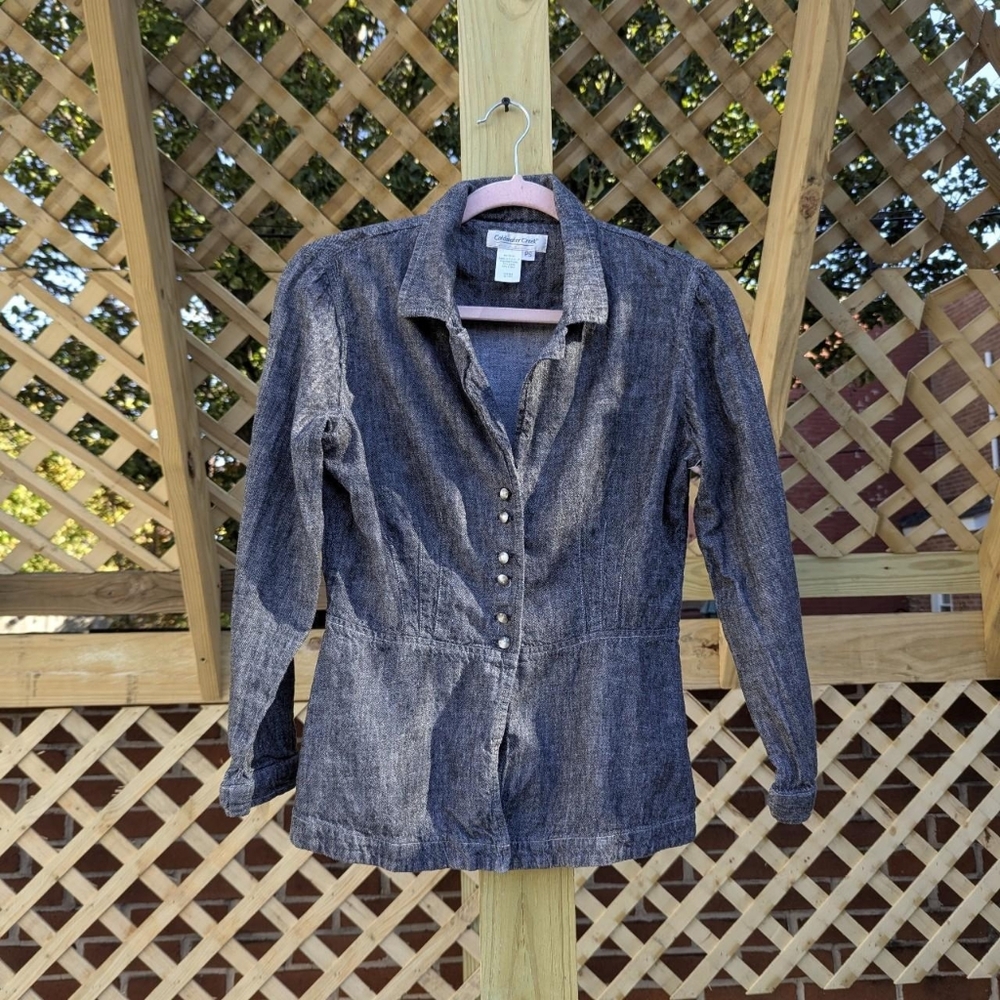 Coldwater Creek Black & White Linen Cotton Blend Denim Long Sleeve Button Up